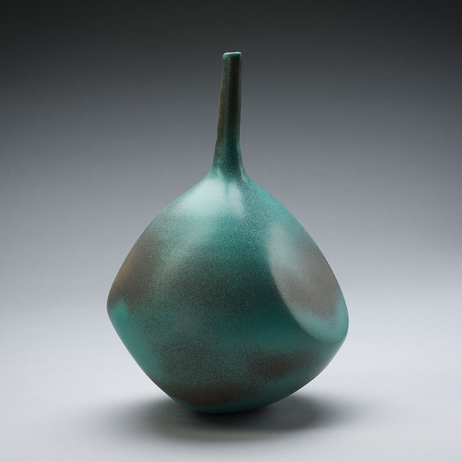 hand-thrown porcelain vessel with green semi-mat glaze